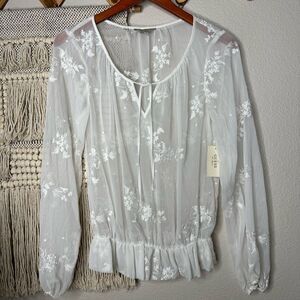 Guess Sheer Ivory Embroidered Blouse XS